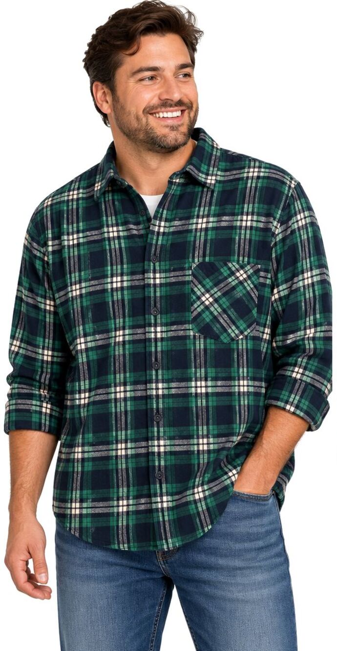 Open Trails Mens XL Plaid Flannel Shirt Green Black 100% Cotton 90s Outdoor
